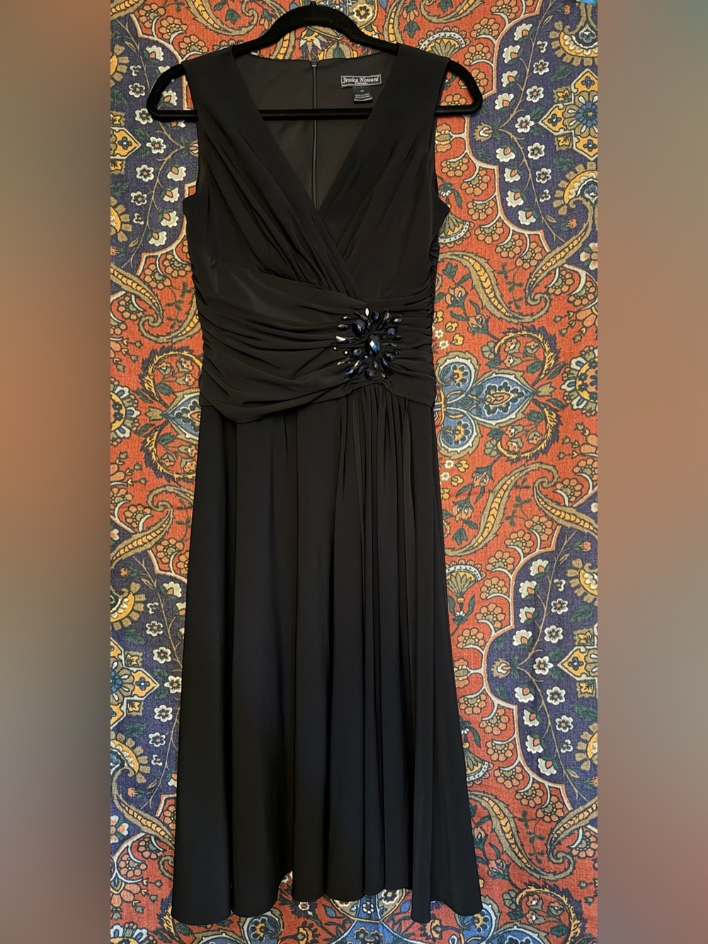 Jessica Howard Black Sleeveless Midi Dress with Jeweled Accent